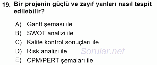 Proje Yönetimi 2017 - 2018 Dönem Sonu Sınavı 19.Soru