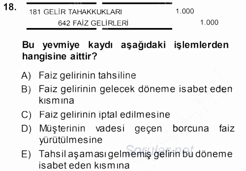 Envanter ve Bilanço 2014 - 2015 Dönem Sonu Sınavı 18.Soru