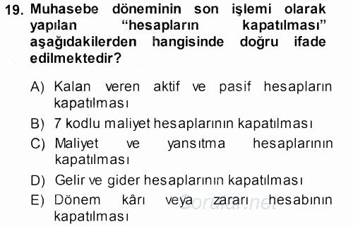 Envanter ve Bilanço 2014 - 2015 Dönem Sonu Sınavı 19.Soru