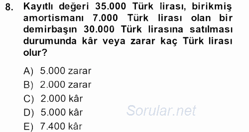 Envanter ve Bilanço 2014 - 2015 Dönem Sonu Sınavı 8.Soru