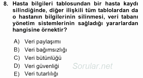 Sağlık Kurumlarında Bilgi Sistemleri 2017 - 2018 Dönem Sonu Sınavı 8.Soru