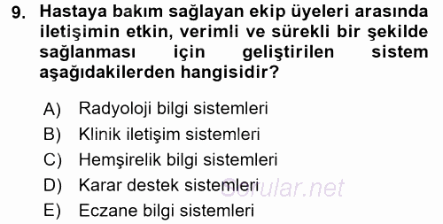 Sağlık Kurumlarında Bilgi Sistemleri 2017 - 2018 Dönem Sonu Sınavı 9.Soru