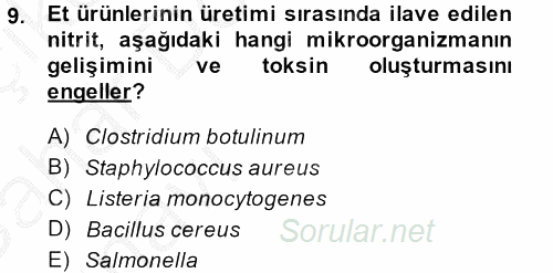 Gıda Güvenliğinin Temel Prensipleri 2013 - 2014 Ara Sınavı 9.Soru