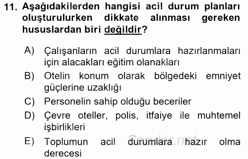 Otel İşletmelerinde Destek Hizmetleri 2015 - 2016 Dönem Sonu Sınavı 11.Soru