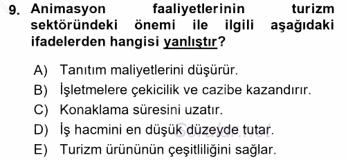 Otel İşletmelerinde Destek Hizmetleri 2015 - 2016 Dönem Sonu Sınavı 9.Soru