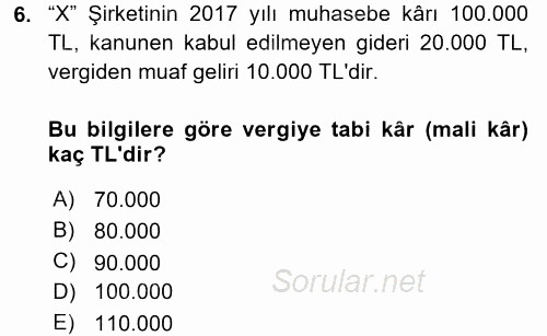 Dönemsonu İşlemleri 2017 - 2018 Dönem Sonu Sınavı 6.Soru