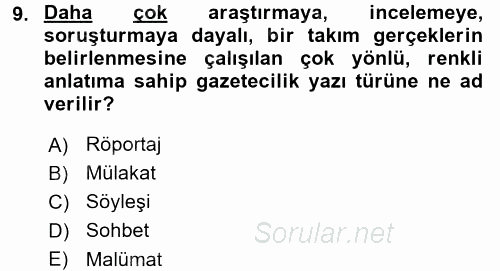 Haber Yazma Teknikleri 2016 - 2017 3 Ders Sınavı 9.Soru