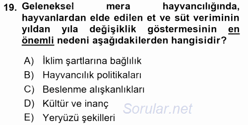 Gıda Coğrafyası 2017 - 2018 Dönem Sonu Sınavı 19.Soru