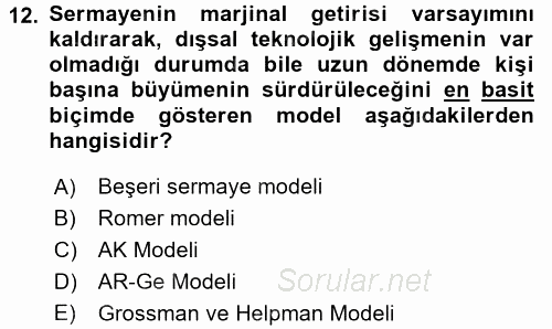 İktisadi Büyüme 2016 - 2017 3 Ders Sınavı 12.Soru