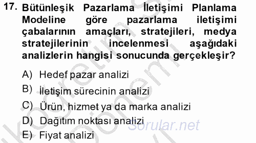 Bütünleşik Pazarlama İletişimi 2014 - 2015 Dönem Sonu Sınavı 17.Soru