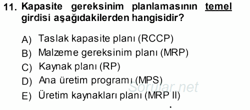 Üretim Yönetimi 2013 - 2014 Tek Ders Sınavı 11.Soru