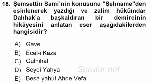 Tanzimat Dönemi Türk Edebiyatı 1 2017 - 2018 Dönem Sonu Sınavı 18.Soru