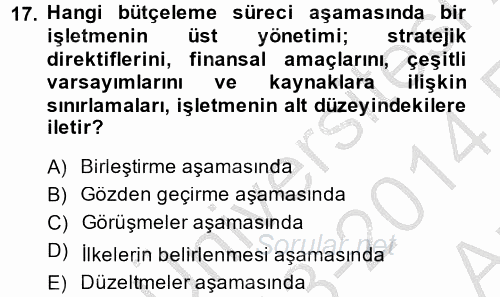 Maliyet Yönetimi 2013 - 2014 Ara Sınavı 17.Soru