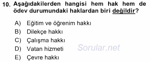 Temel İnsan Hakları Bilgisi 2 2016 - 2017 Dönem Sonu Sınavı 10.Soru