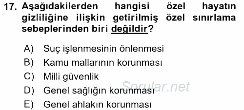 Temel İnsan Hakları Bilgisi 2 2016 - 2017 Dönem Sonu Sınavı 17.Soru