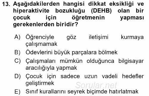 Çocuk Gelişimde Normal Ve Atipik Gelişim 2017 - 2018 Dönem Sonu Sınavı 13.Soru