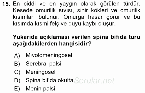 Çocuk Gelişimde Normal Ve Atipik Gelişim 2017 - 2018 Dönem Sonu Sınavı 15.Soru