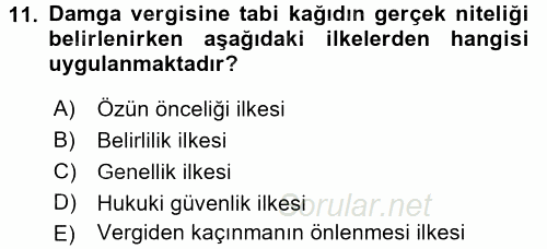 Damga Vergisi Ve Harçlar Bilgisi 2017 - 2018 Ara Sınavı 11.Soru