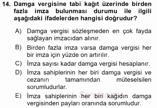 Damga Vergisi Ve Harçlar Bilgisi 2017 - 2018 Ara Sınavı 14.Soru