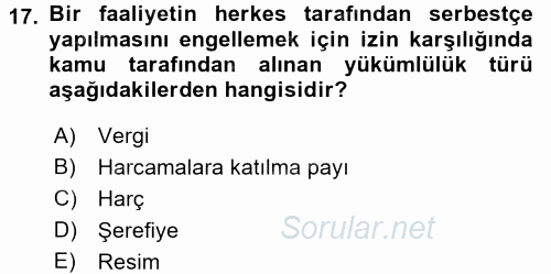 Damga Vergisi Ve Harçlar Bilgisi 2017 - 2018 Ara Sınavı 17.Soru