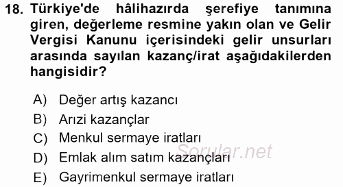 Damga Vergisi Ve Harçlar Bilgisi 2017 - 2018 Ara Sınavı 18.Soru