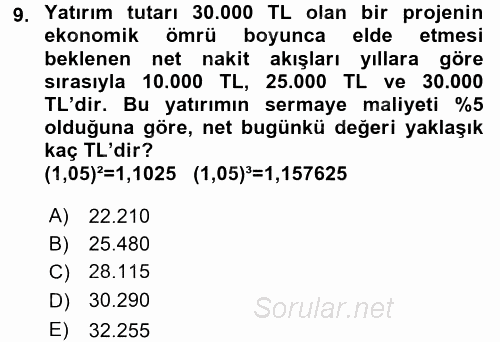 Sağlık Kurumlarında Finansal Yönetim 2015 - 2016 Dönem Sonu Sınavı 9.Soru