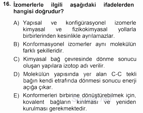 Hücre Kimyası 2012 - 2013 Dönem Sonu Sınavı 16.Soru