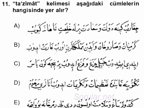 Osmanlı Türkçesi Metinleri 1 2016 - 2017 Dönem Sonu Sınavı 11.Soru