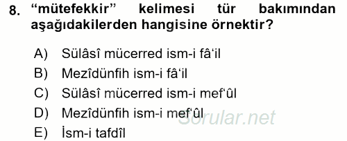 Osmanlı Türkçesi Metinleri 1 2016 - 2017 Dönem Sonu Sınavı 8.Soru