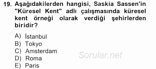 Kent Sosyolojisi 2013 - 2014 Ara Sınavı 19.Soru