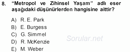 Kent Sosyolojisi 2013 - 2014 Ara Sınavı 8.Soru