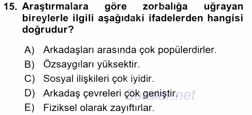 Çocuk ve Ergen Bakımı 2015 - 2016 Dönem Sonu Sınavı 15.Soru