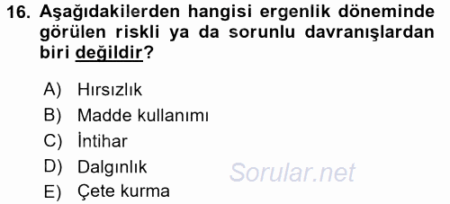 Çocuk ve Ergen Bakımı 2015 - 2016 Dönem Sonu Sınavı 16.Soru