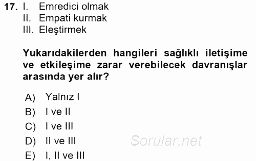 Çocuk ve Ergen Bakımı 2015 - 2016 Dönem Sonu Sınavı 17.Soru