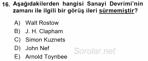 İktisat Tarihi 2017 - 2018 3 Ders Sınavı 16.Soru