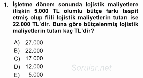 Lojistik Maliyetleri ve Raporlama 2 2015 - 2016 Ara Sınavı 1.Soru