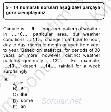 Bağlamsal Dilbilgisi 3 2013 - 2014 Dönem Sonu Sınavı 9.Soru
