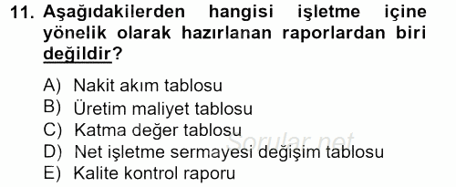 Lojistik Maliyetleri ve Raporlama 2 2013 - 2014 Tek Ders Sınavı 11.Soru