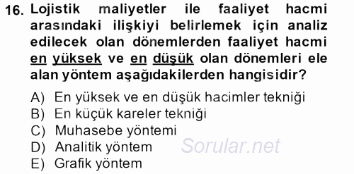 Lojistik Maliyetleri ve Raporlama 2 2013 - 2014 Tek Ders Sınavı 16.Soru