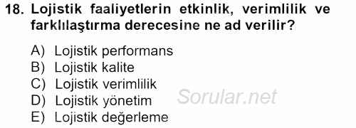 Lojistik Maliyetleri ve Raporlama 2 2013 - 2014 Tek Ders Sınavı 18.Soru