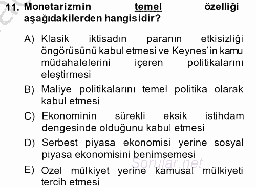 İktisadi Düşünceler Tarihi 2014 - 2015 Dönem Sonu Sınavı 11.Soru