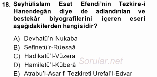 XVIII. Yüzyıl Türk Edebiyatı 2014 - 2015 Tek Ders Sınavı 18.Soru