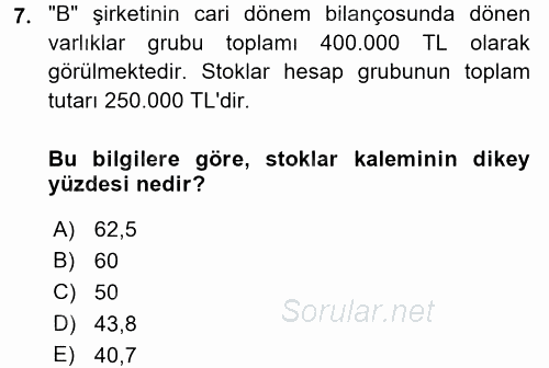 Muhasebe Denetimi ve Mali Analiz 2017 - 2018 Dönem Sonu Sınavı 7.Soru