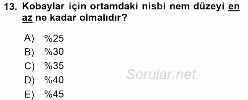 Laboratuvar Hayvanlarını Yetiştirme ve Sağlığı 2016 - 2017 Dönem Sonu Sınavı 13.Soru