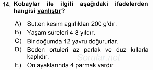 Laboratuvar Hayvanlarını Yetiştirme ve Sağlığı 2016 - 2017 Dönem Sonu Sınavı 14.Soru