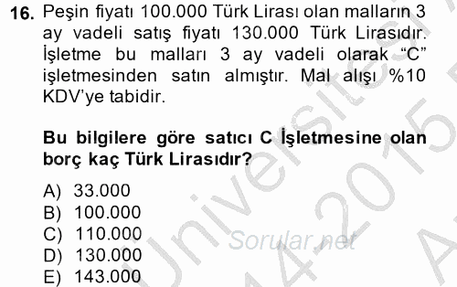 Genel Muhasebe 2 2014 - 2015 Ara Sınavı 16.Soru