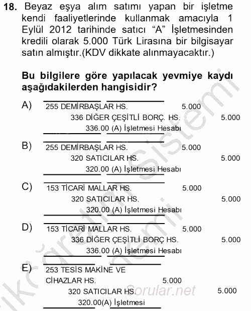 Genel Muhasebe 2 2014 - 2015 Ara Sınavı 18.Soru