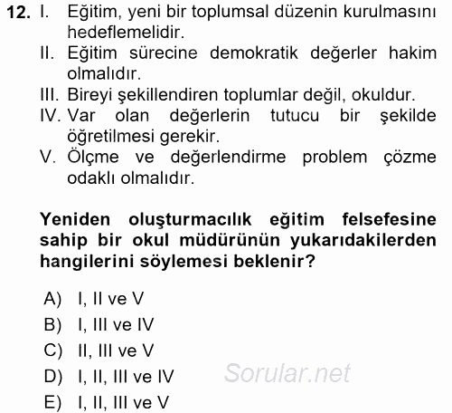 Eğitim Felsefesi 2017 - 2018 Ara Sınavı 12.Soru