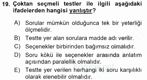 Öğretimde Planlama Ve Değerlendirme 2016 - 2017 3 Ders Sınavı 19.Soru
