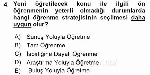 Öğretimde Planlama Ve Değerlendirme 2016 - 2017 3 Ders Sınavı 4.Soru